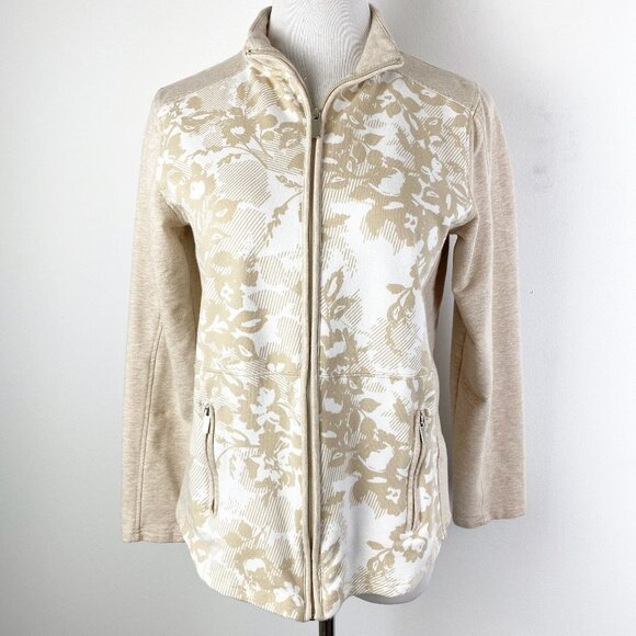 Laura Scott Women's Petite Medium Tan White Floral Full Zip Track Jacket - Picture 1 of 8